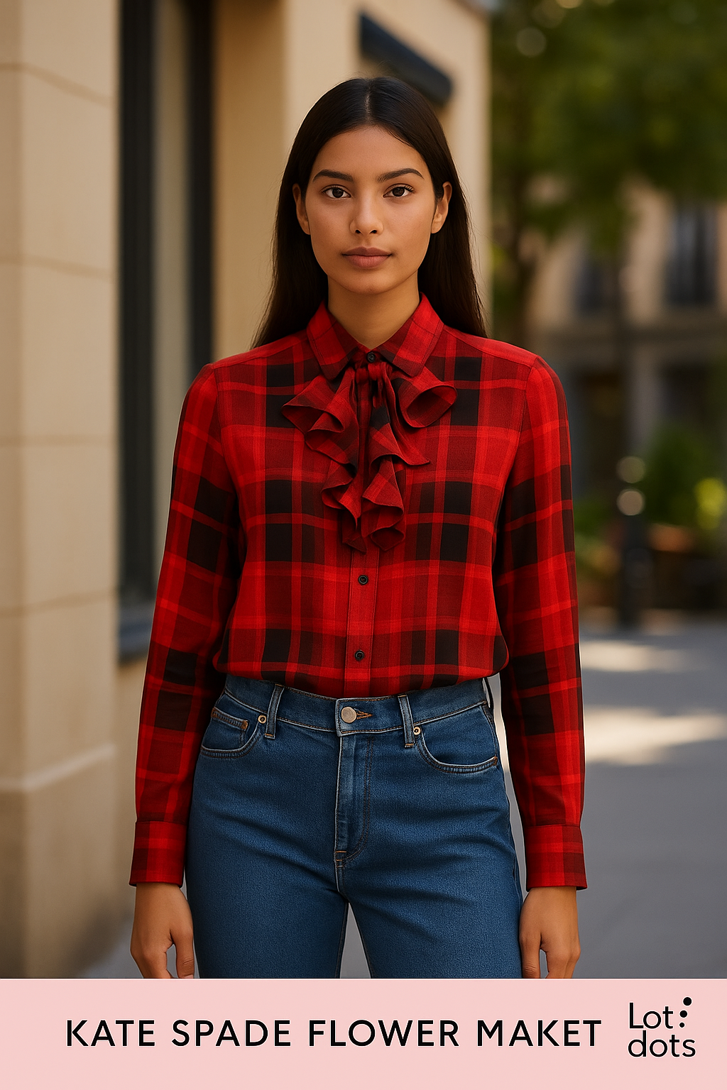 Kate Spade Red Plaid Silk Ruffle Blouse, Size 0 (XS)