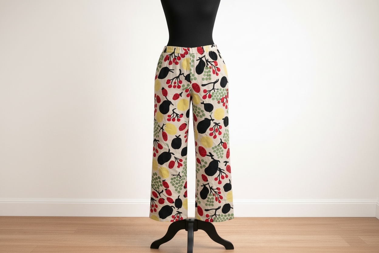 Marimekko Wide-Leg Linen Pants, Fruit Print, Size S